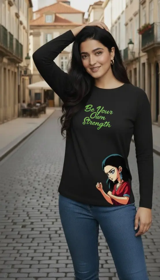 [Tshirt_FS_099167] Empowerment Edition: Women’s Full-Sleeve Cotton Tee with Anime Print (Black, XS)