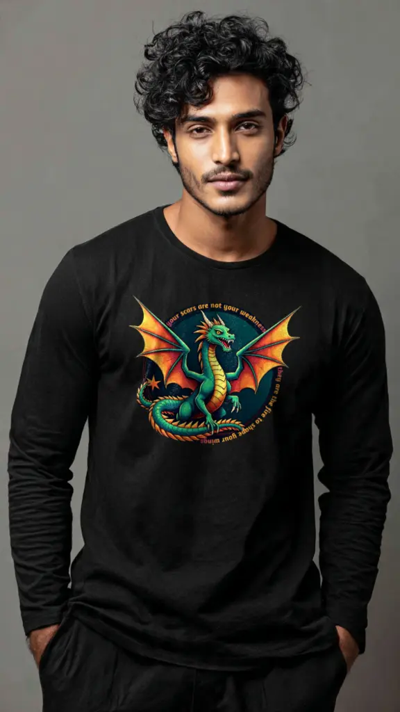 [Tshirt_FS_099179] Fearless Dragon Print Full-Sleeve Cotton Tee (Black, XS)