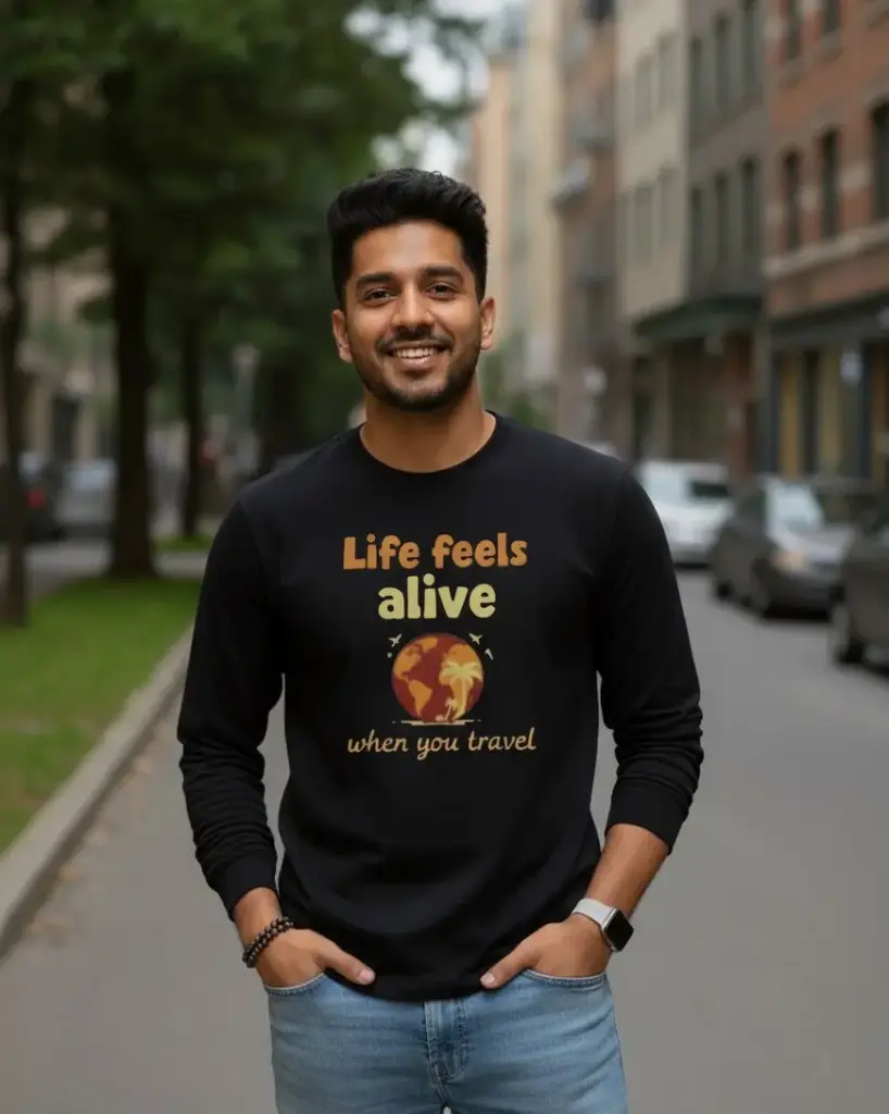 [Tshirt_FS_099225] Life Feels Alive Travel Quote Premium Full-Sleeve Pure Cotton Tee (Black, XS)