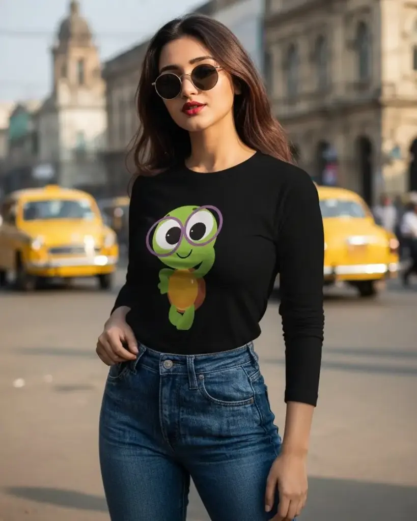 [Tshirt_FS_099095] Cute Turtle Cartoon Premium Full-Sleeve Pure Cotton Graphic Tee (Black, XS)