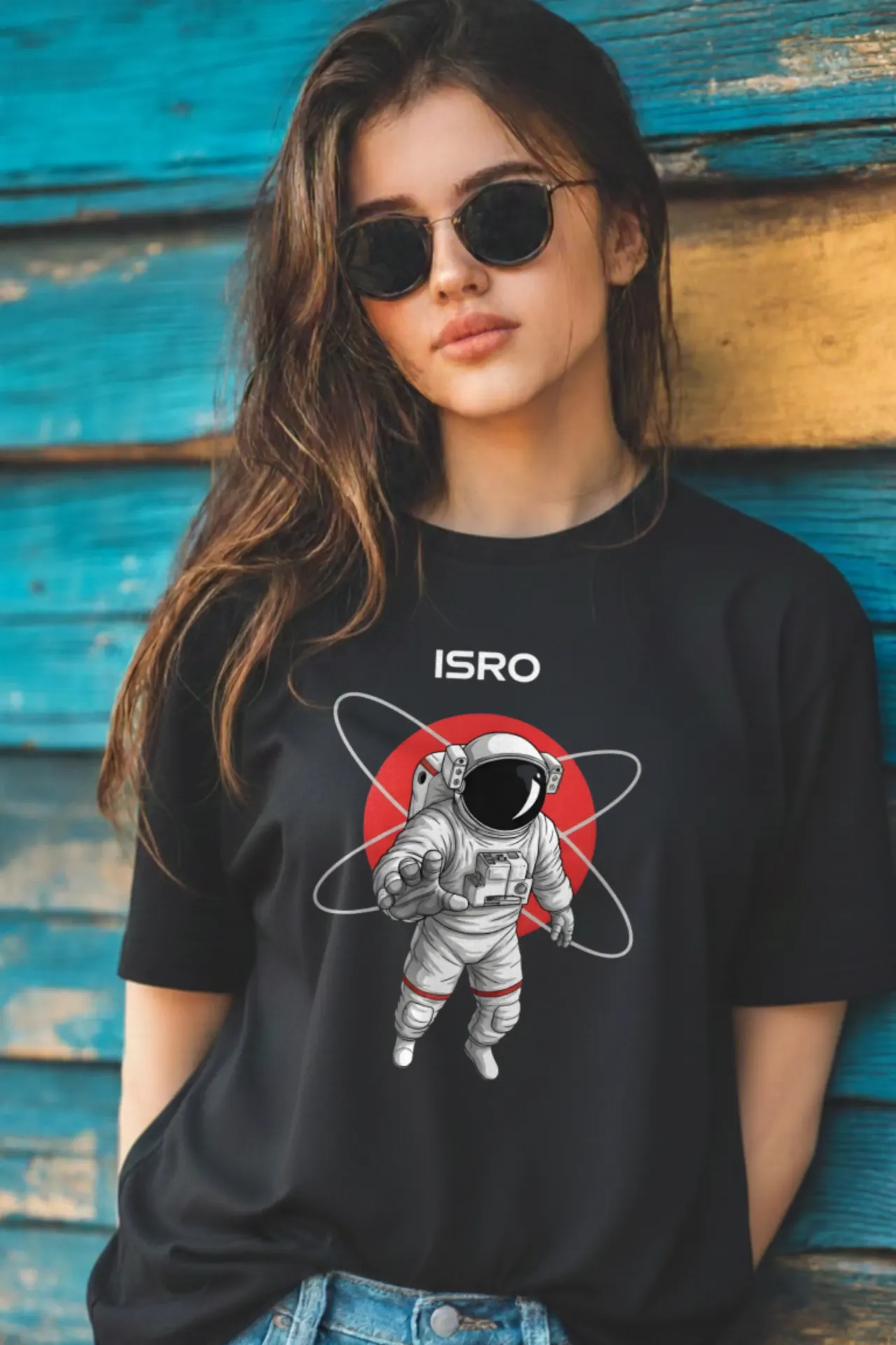 ISRO Astronaut Black Graphic Oversized T-Shirt (XS - 40)