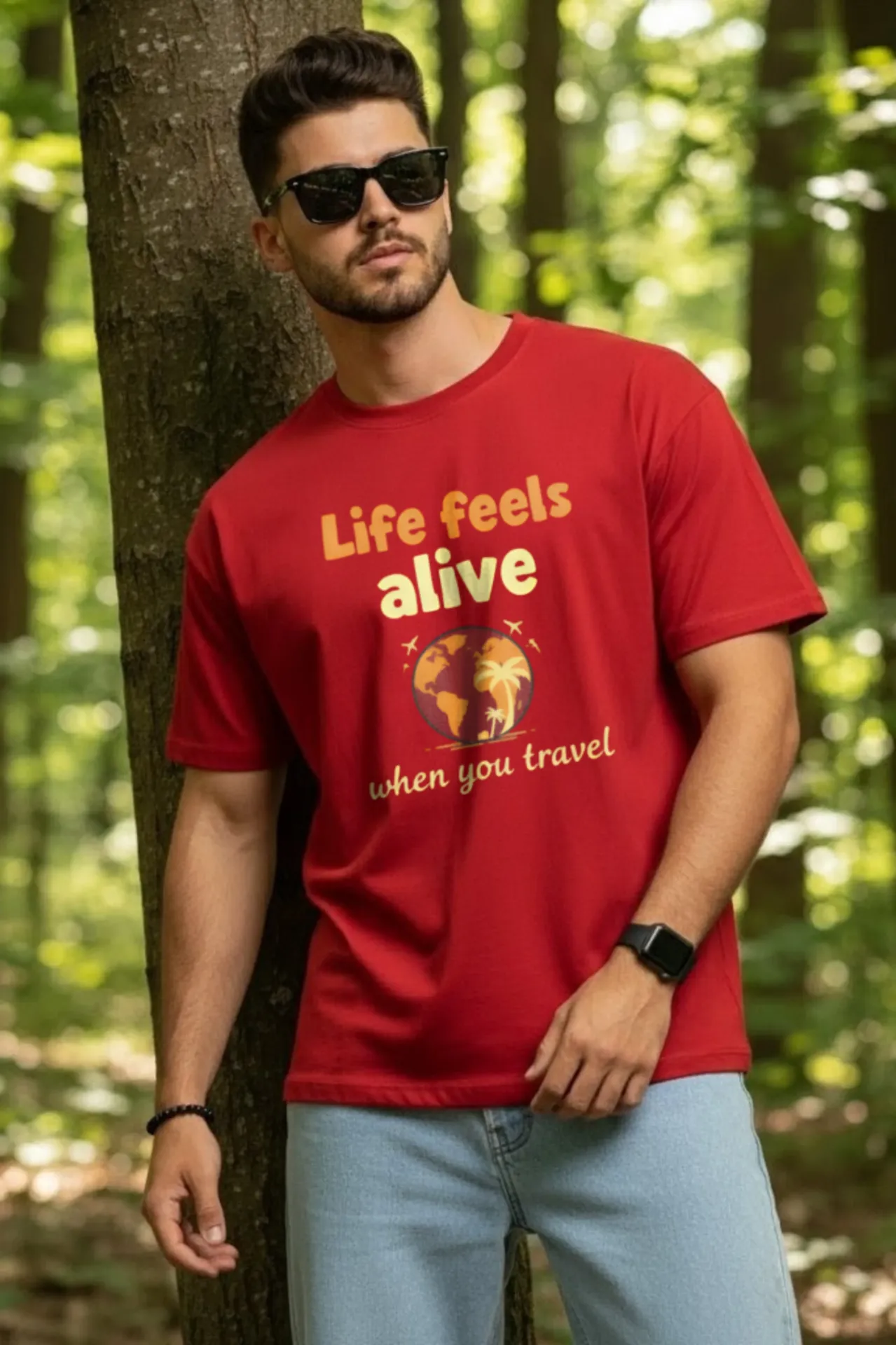 Life Feels Alive Red Travel Graphic Oversized T-Shirt