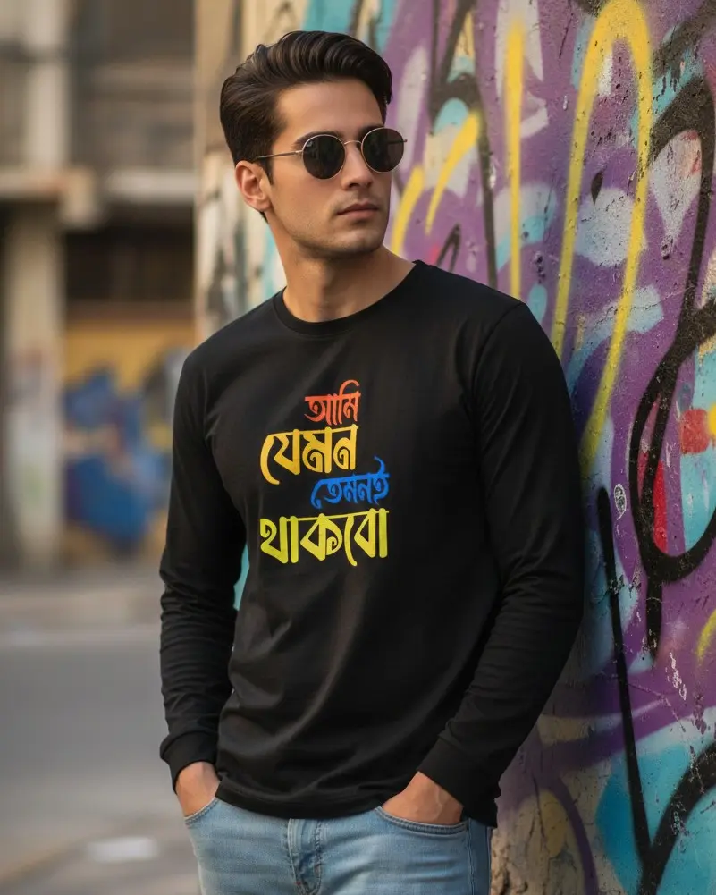 Ami Jemon Temoni Thakbo Premium Full-Sleeve Pure Cotton Bengali Typography Tee