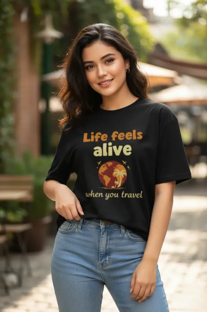 Life Feels Alive Black Travel Graphic Oversized T-Shirt (XS - 40)
