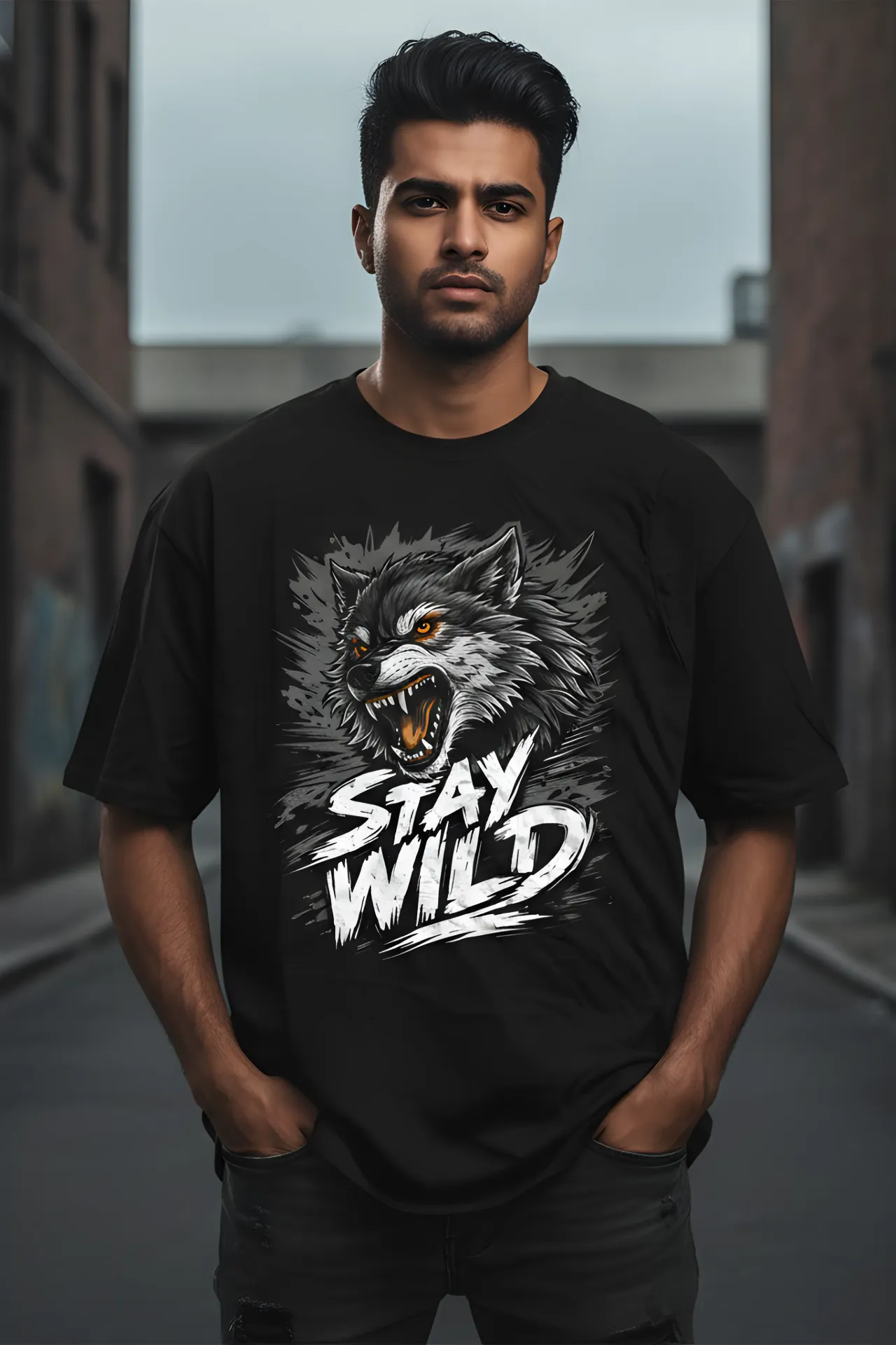 Stay Wild Black Graphic Printed Oversized T-Shirt