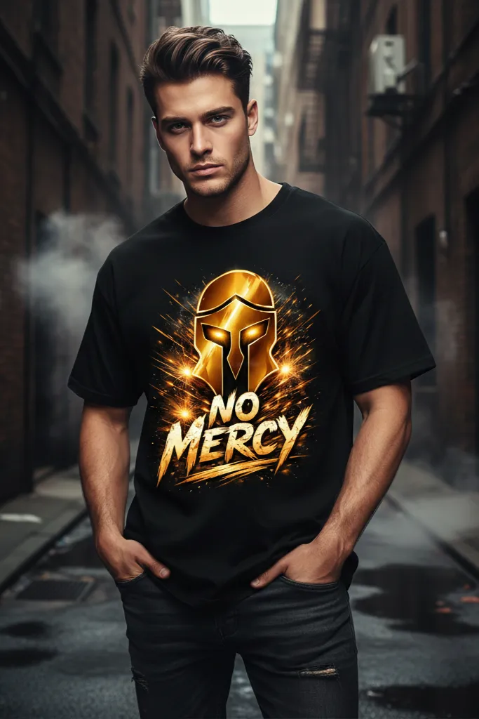 No Mercy Spartan Black Graphic Printed Oversized T-Shirt (XS - 40)