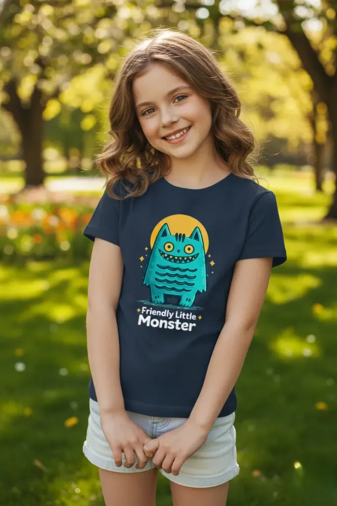 Friendly Little Monster Navy Blue Kids Graphic T-Shirt