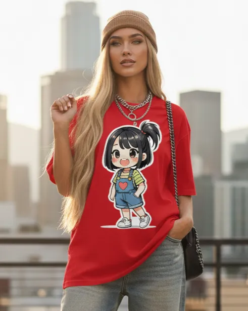 Cute Cartoon Girl Graphic Oversized Casual T-Shirt for Women (XS - 40, Black)