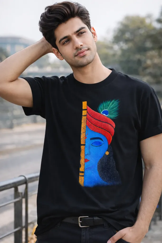 Divine Krishna Art Black Graphic T-Shirt (XS - 36)