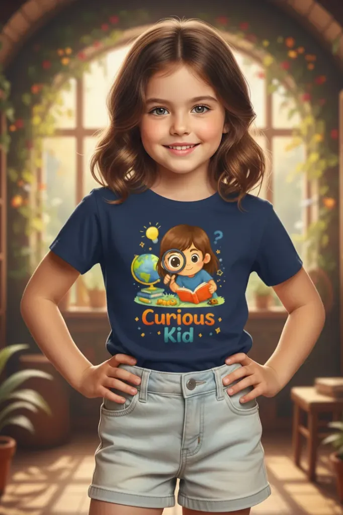 Curious Kid Navy Blue Girls T-Shirt