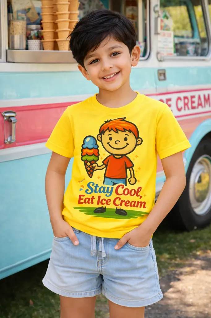Stay Cool Eat Ice Cream Yellow Boy Kids T-Shirt