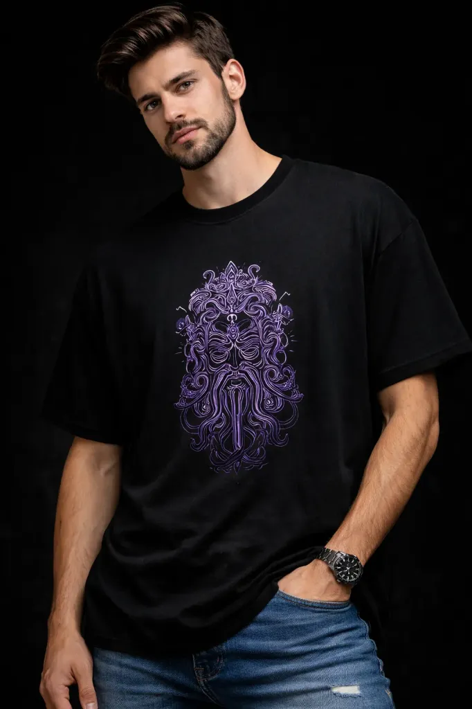 Mystic Face Black Oversized T-Shirt – Premium Artistic Streetwear (XS - 40)