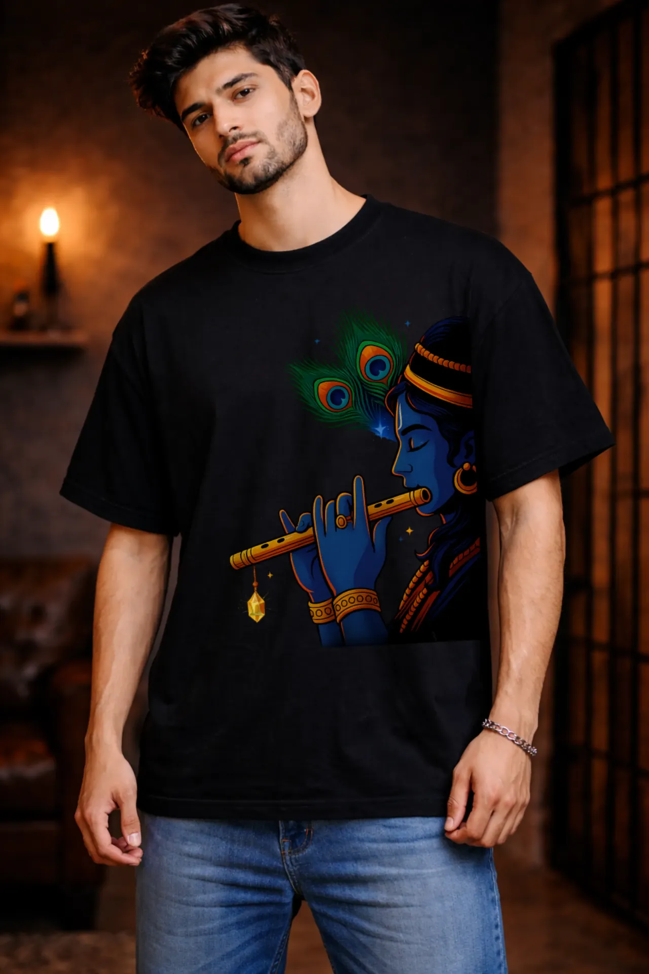 Lord Krishna With Flute Art Oversized Black T-Shirt – Spiritual Graphic Tee
