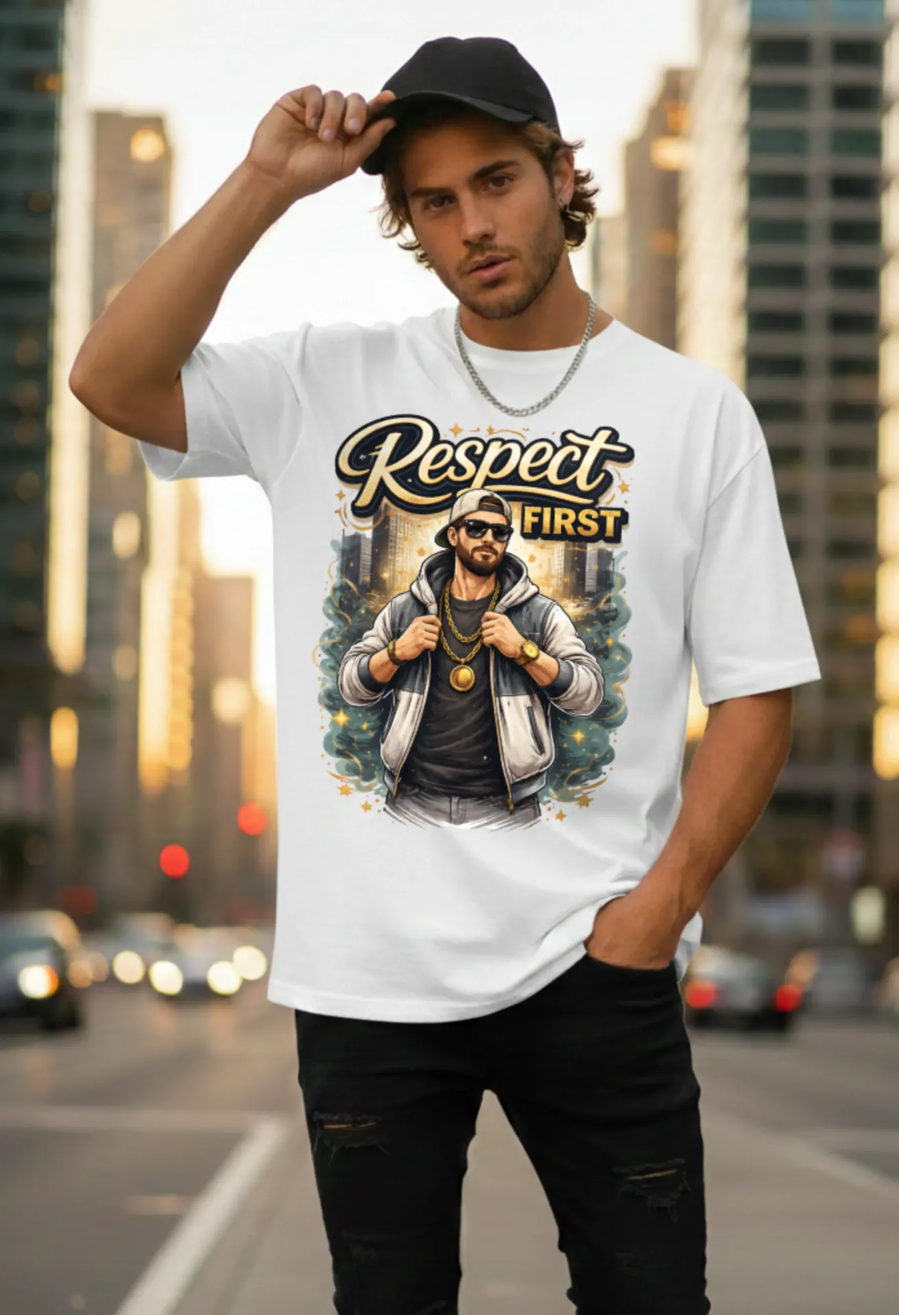 Respect First Oversized White T-Shirt – Urban Street Style Graphic Tee (XS - 40)