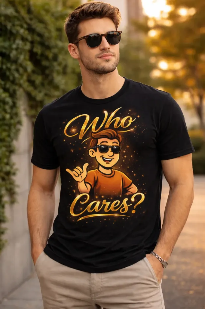 Men’s Regular Fit Black T-Shirt – “Who Cares?” Attitude Graphic Print | Pure Premium Cotton