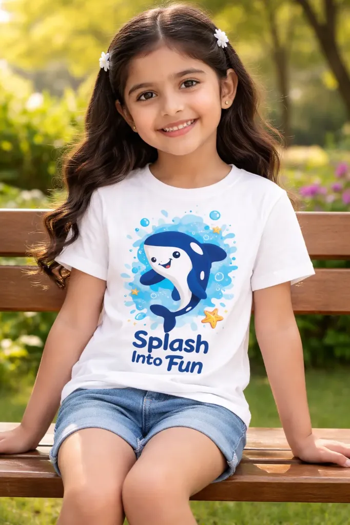 Kids White T-Shirt – “Splash Into Fun” Cute Dolphin Print | Pure Premium Cotton