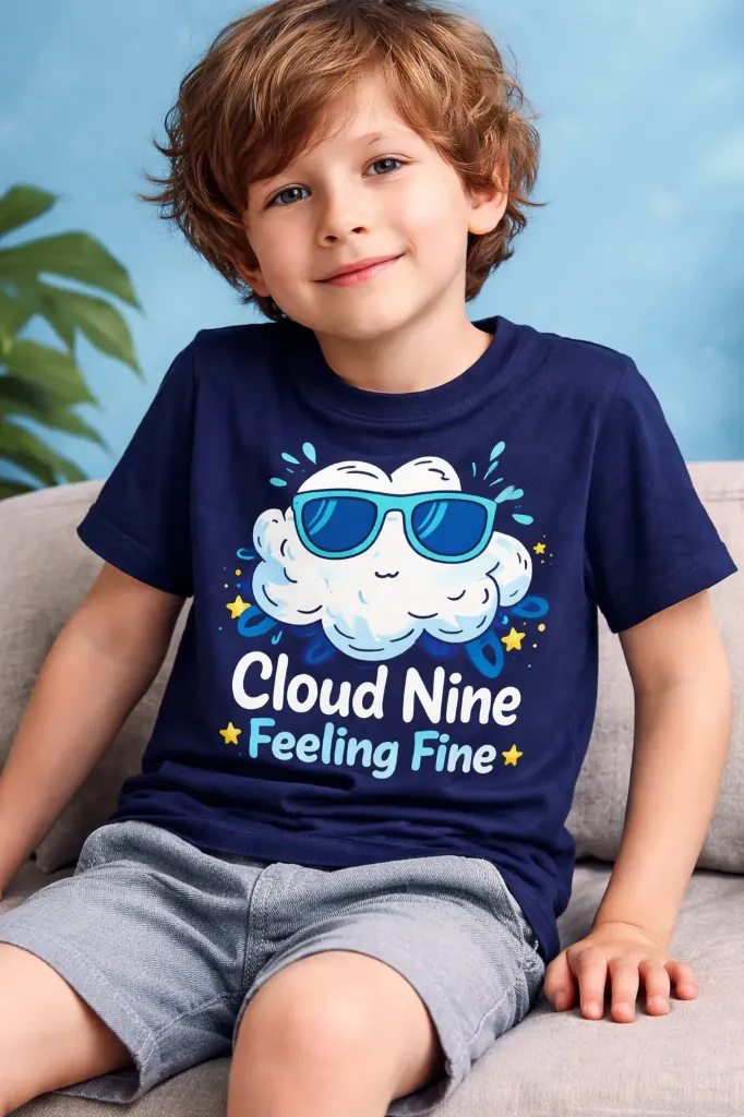 Kids Navy Blue T-Shirt – “Cloud Nine Feeling Fine” Fun Graphic | Pure Premium Cotton