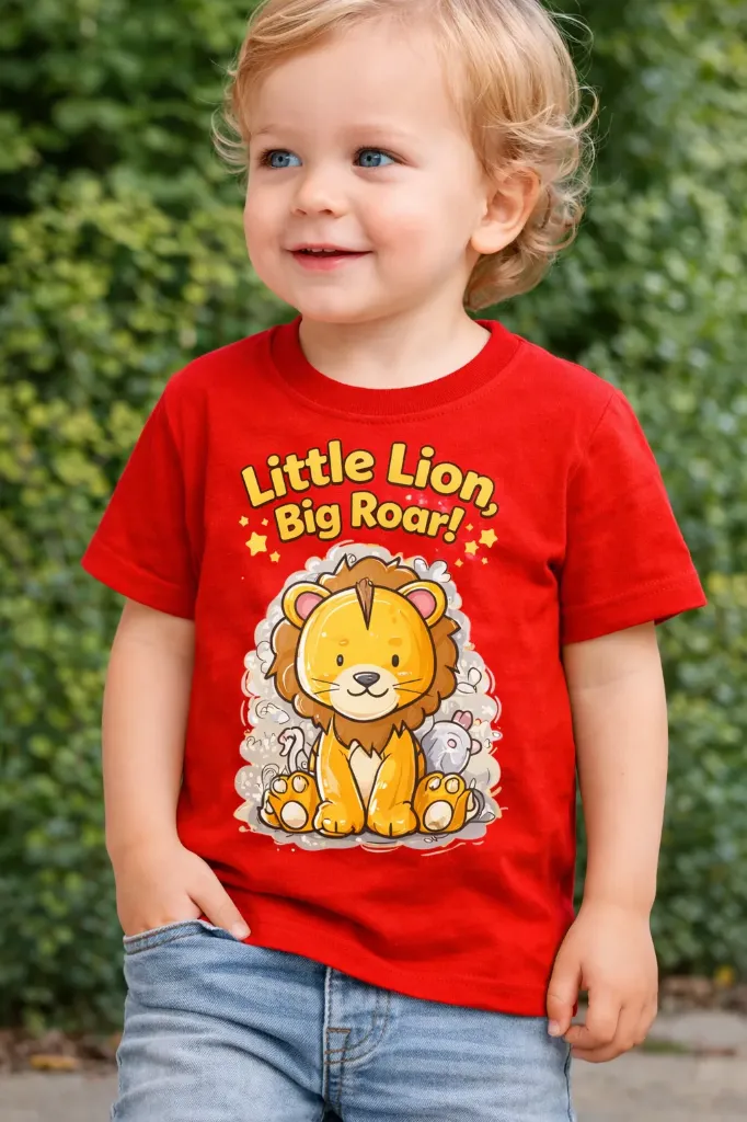 Kids Red T-Shirt – “Little Lion, Big Roar!” Cute Cartoon Print | Pure Premium Cotton (2 - 4 Yrs)