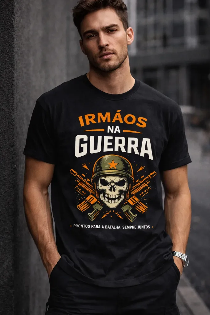 Men’s Black Graphic T-Shirt – “Irmãos na Guerra” Warrior Skull Print | Pure Premium Cotton
