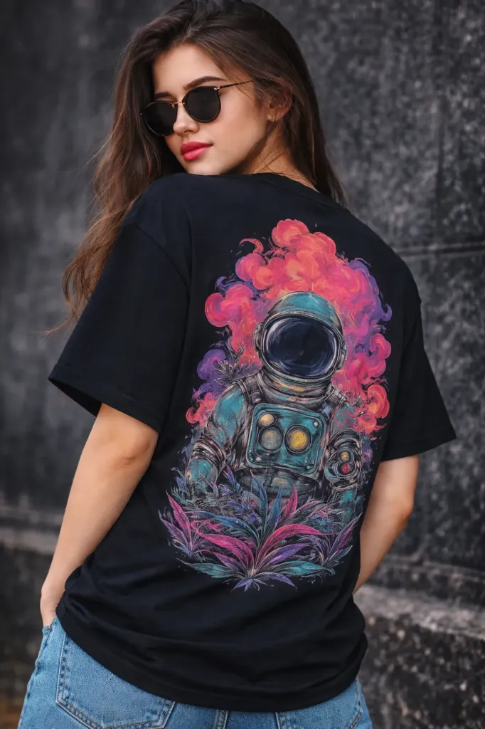 Unisex Oversized Black T-Shirt – Lost in Cosmic Waves Astronaut Graphic | Pure Premium Cotton | DTF Print