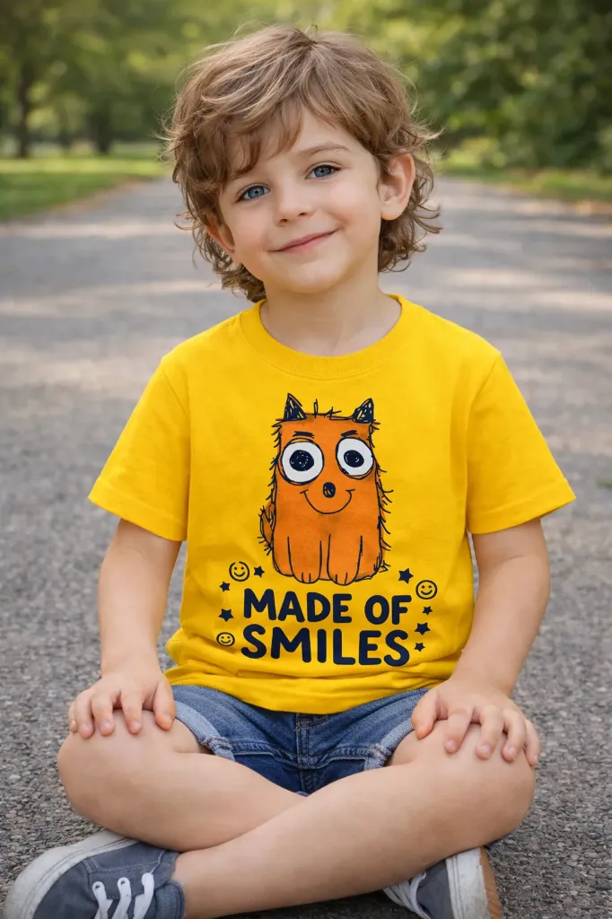 Kids Yellow T-Shirt – Made of Smiles Cartoon Print | Pure Premium Cotton