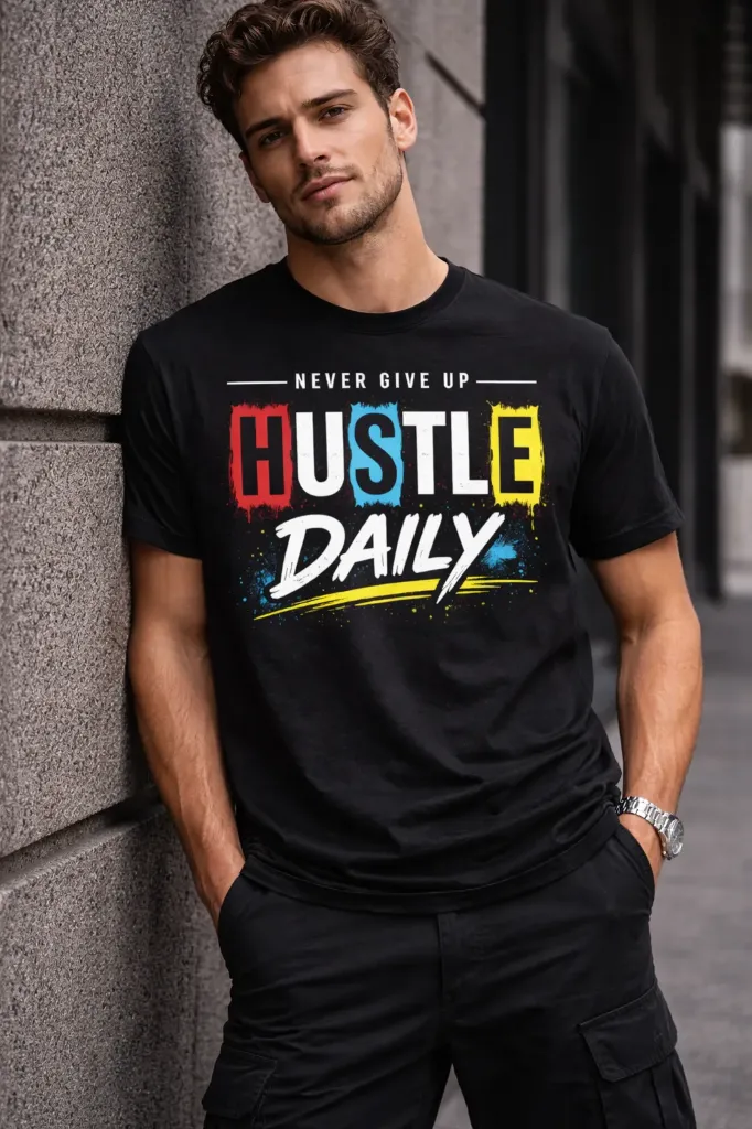 Black T-Shirt – Never Give Up Hustle Daily Graphic Print | Pure Premium Cotton (XS - 36)