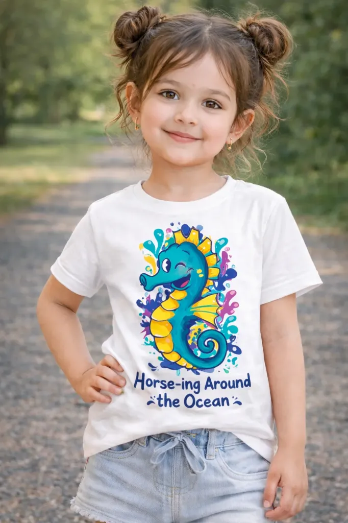 Kids White T-Shirt – Horse-ing Around the Ocean Seahorse Print | Pure Premium Cotton (2 - 4 Yrs)