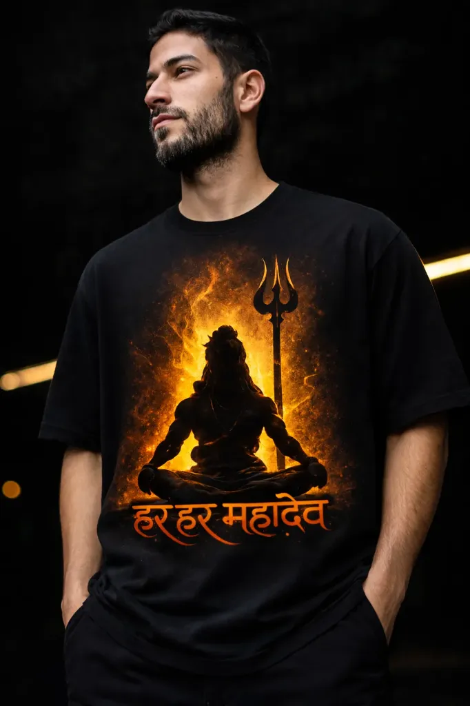 Har Har Mahadev Oversized T-Shirt – Black | Lord Shiva Fire Aura Design | Pure Premium Cotton (XS - 40)