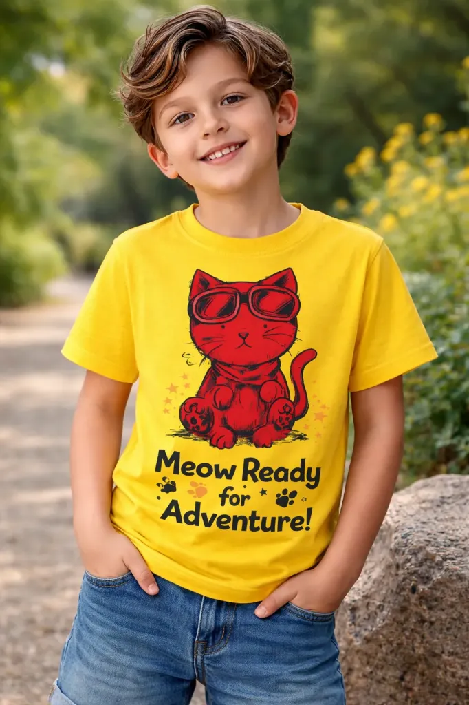 Meow Ready for Adventure Kids T-Shirt – Yellow | Cute Cat Explorer Print | Pure Premium Cotton