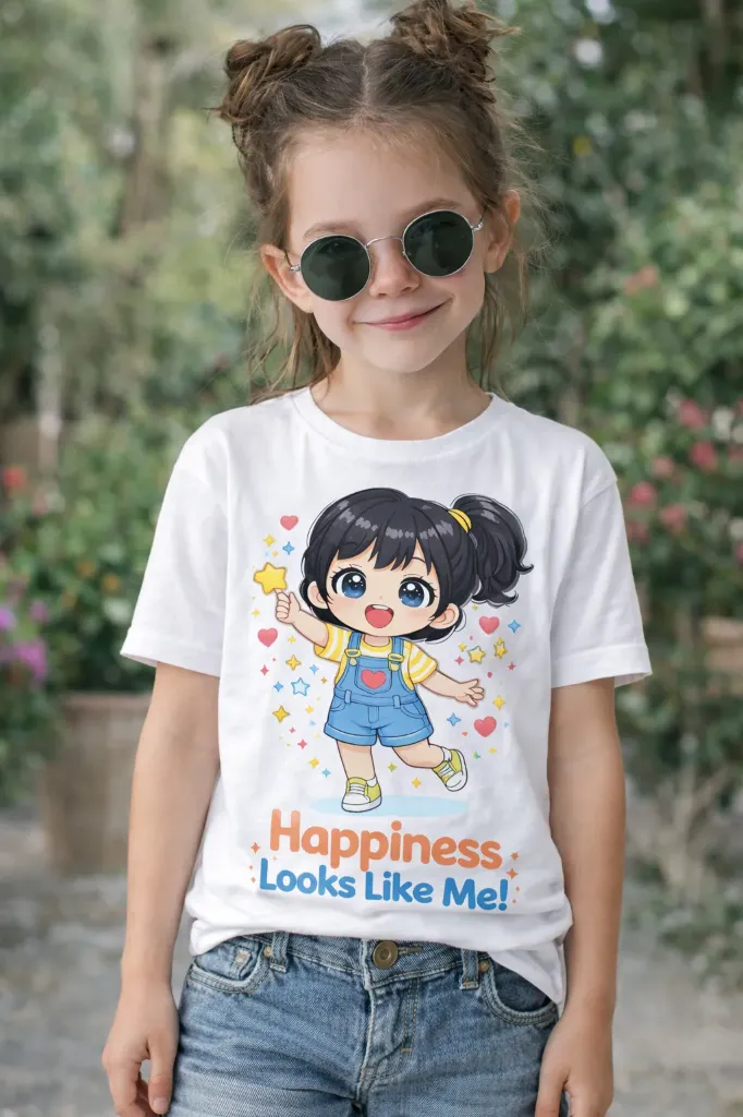 Happiness Looks Like Me Graphic Girls Kids T-Shirt – White | Pure Premium Cotton