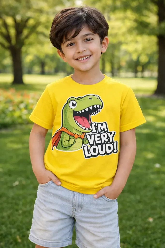 “I’m Very Loud!” Dinosaur Graphic Kids T-Shirt – Yellow | Pure Premium Cotton