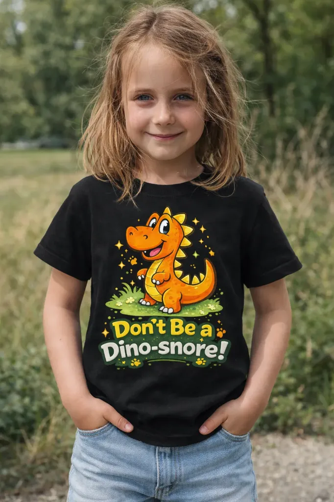 “Don’t Be a Dino-Snore!” Cute Dinosaur Graphic Kids T-Shirt – Black | Pure Premium Cotton (2 - 4 Yrs)
