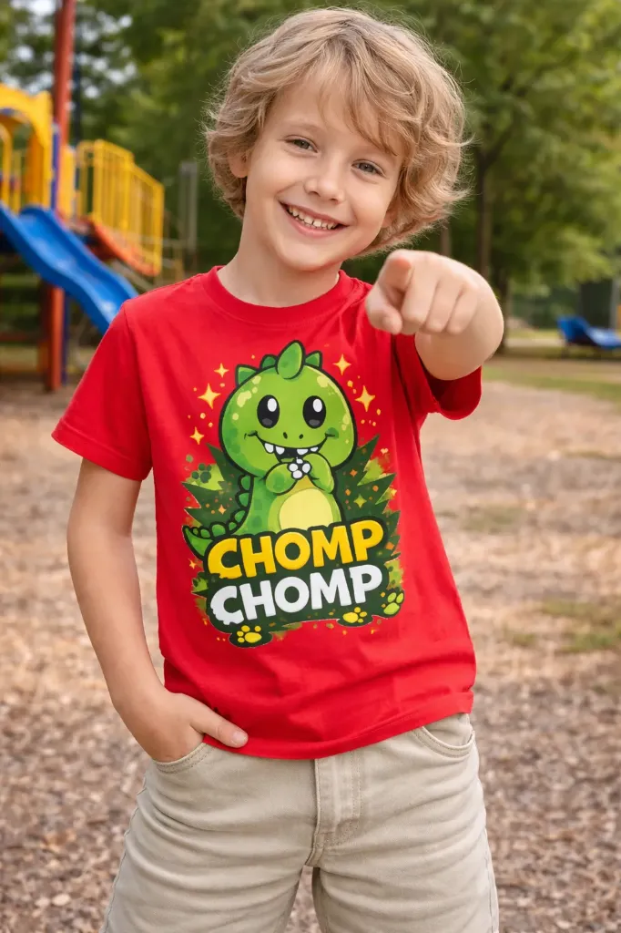 “Chomp Chomp” Cute Dinosaur Graphic Kids T-Shirt – Red | Pure Premium Cotton