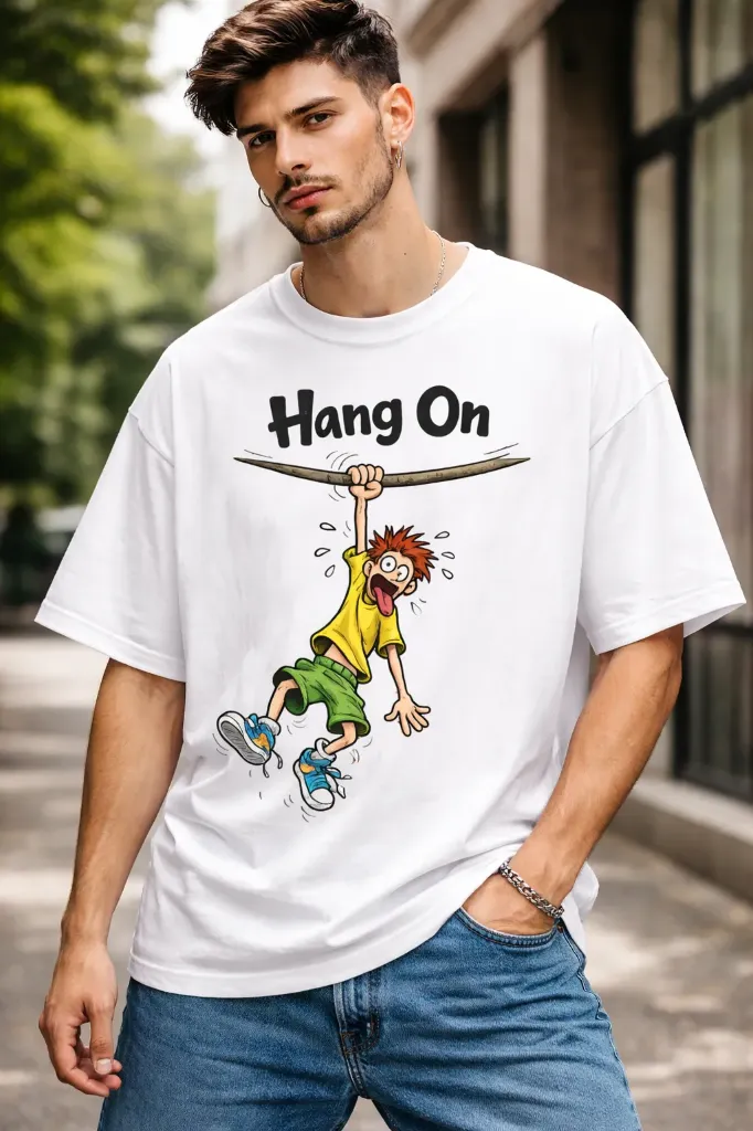 “Hang On” Cartoon Graphic Oversized T-Shirt – White | Pure Premium Cotton