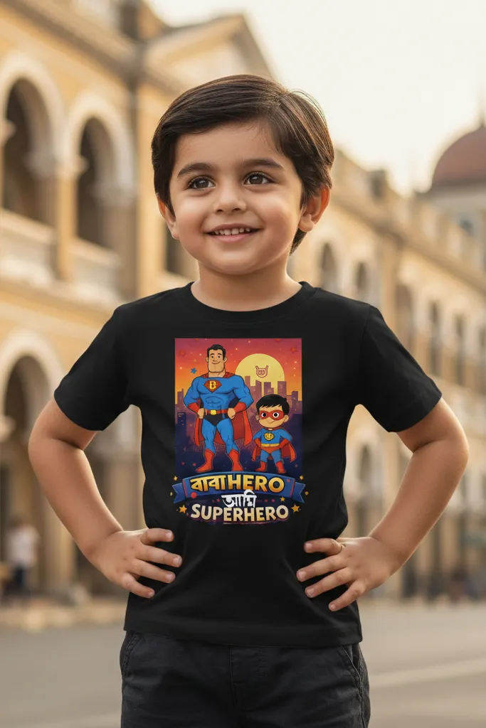 “Baba Hero Ami Superhero” Boys Graphic T-Shirt – Black | Pure Premium Cotton (2 - 4 Yrs)