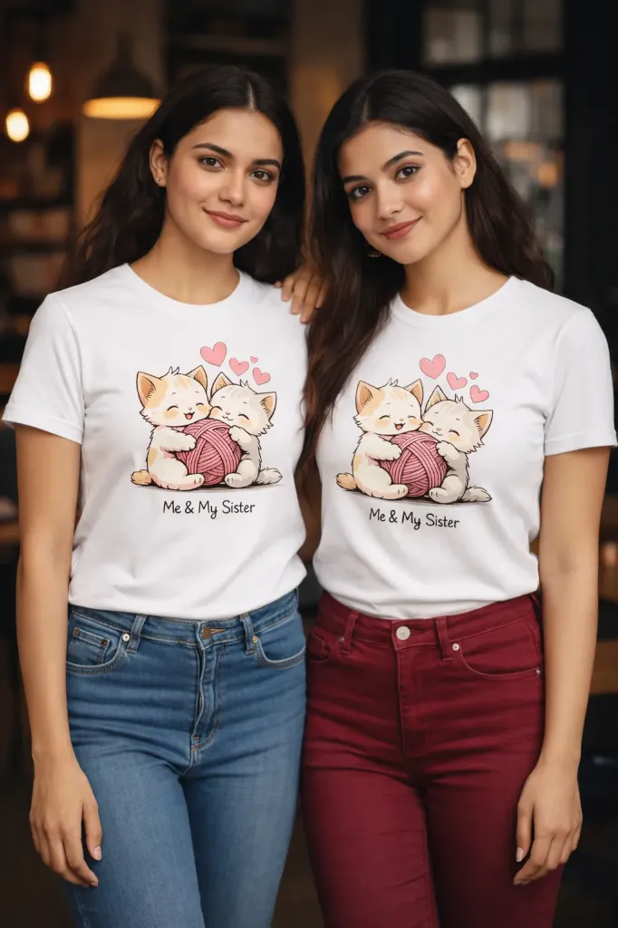 “Me & My Sister” Cute Cat Graphic T-Shirt – White | Regular Fit | Pure Premium Cotton | For Women & Sisters