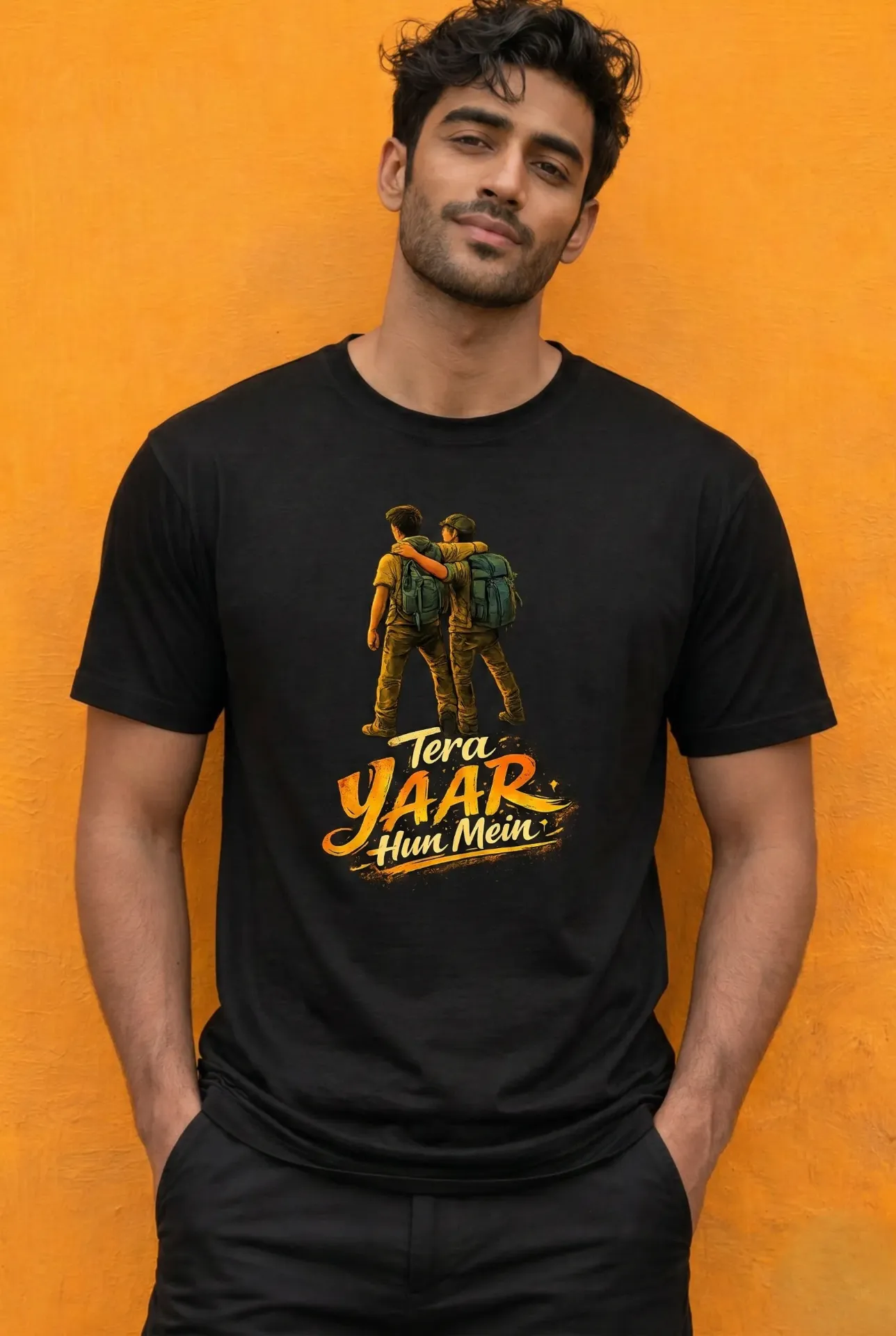 “Tera Yaar Hun Mein” Friendship Graphic T-Shirt – Black | Regular Fit | Pure Premium Cotton | For Men