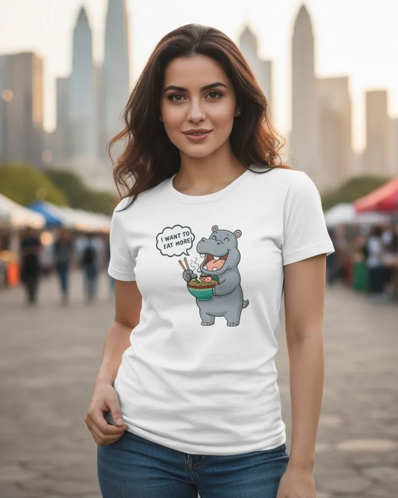 Cute Hungry Hippo Graphic T-Shirt – “I Want to Eat More” Fun Cartoon Tee (XS - 36, White)