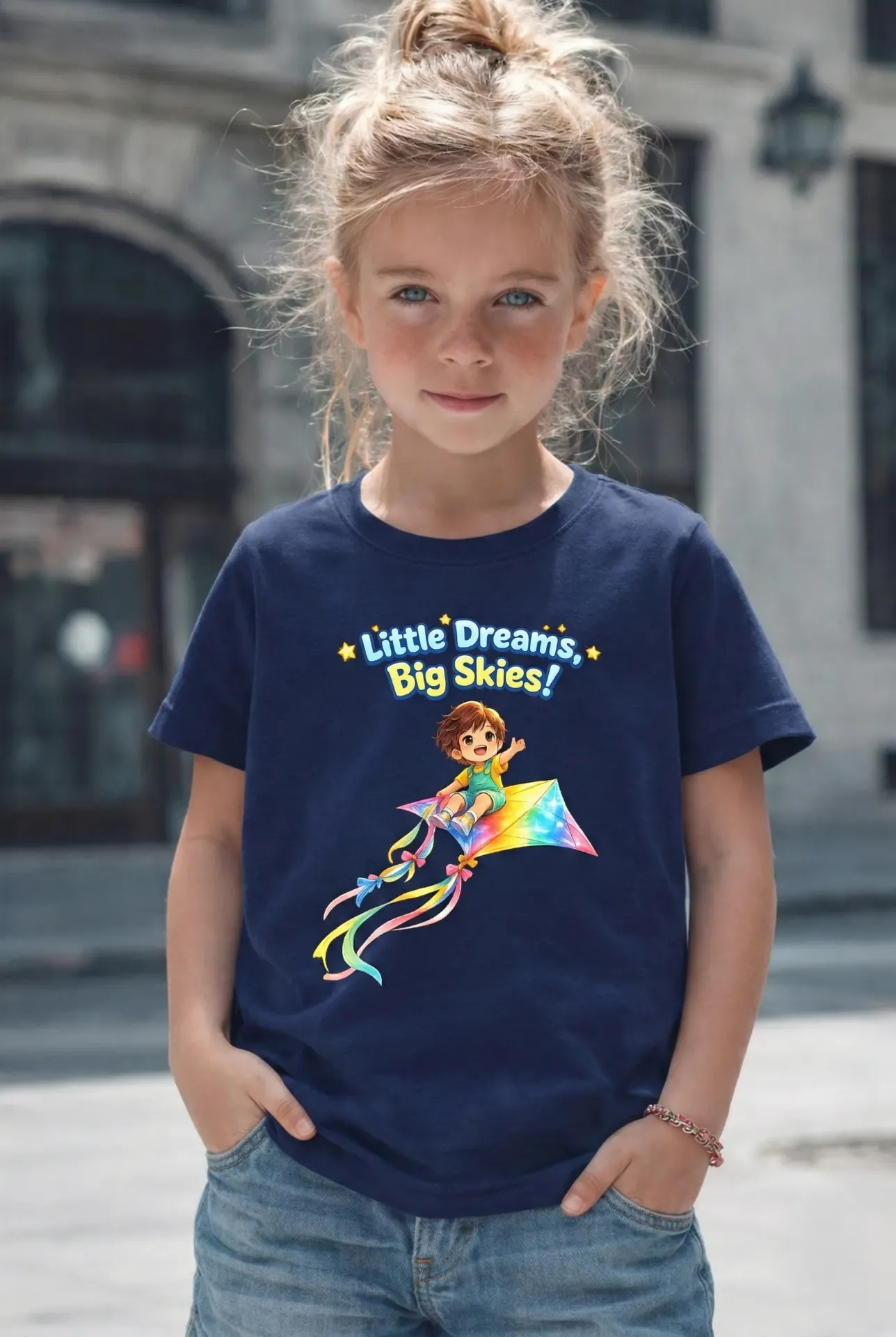“Little Dreams, Big Skies!” Graphic T-Shirt for Kids – Navy Blue | Regular Fit | Pure Premium Cotton (2 - 4 Yrs)