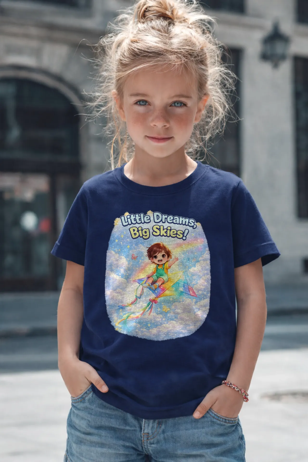 “Little Dreams, Big Skies!” Graphic T-Shirt for Kids – Navy Blue | Regular Fit | Pure Premium Cotton