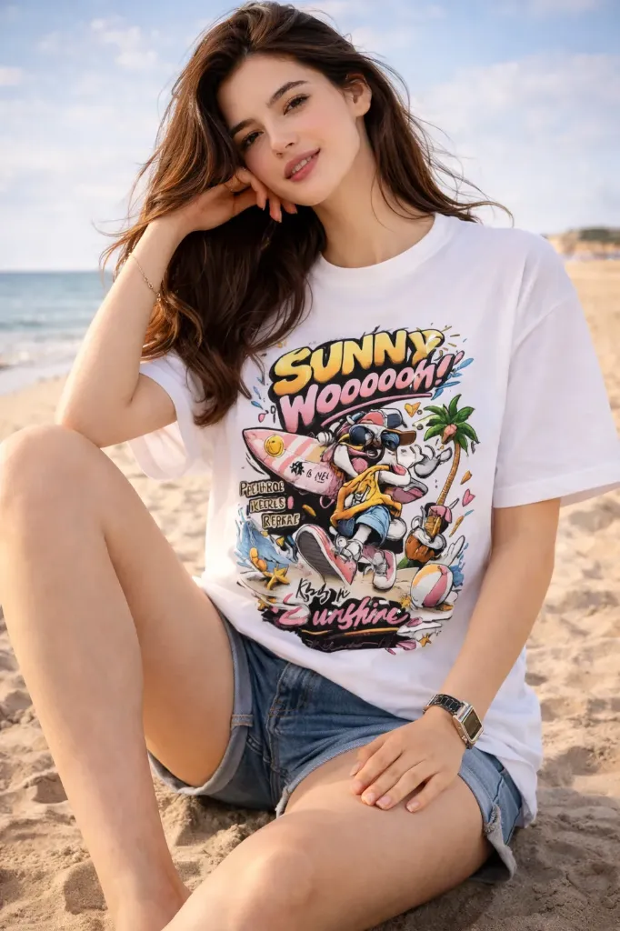 “Sunny Wooooh!” Beach Vibes Graphic T-Shirt for Women – White | Regular Fit | Pure Premium Cotton