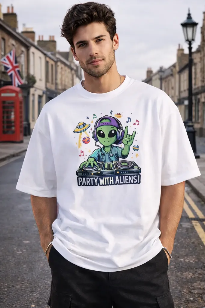 “Party With Aliens!” Graphic T-Shirt – White | Regular Fit | Pure Premium Cotton | Unisex