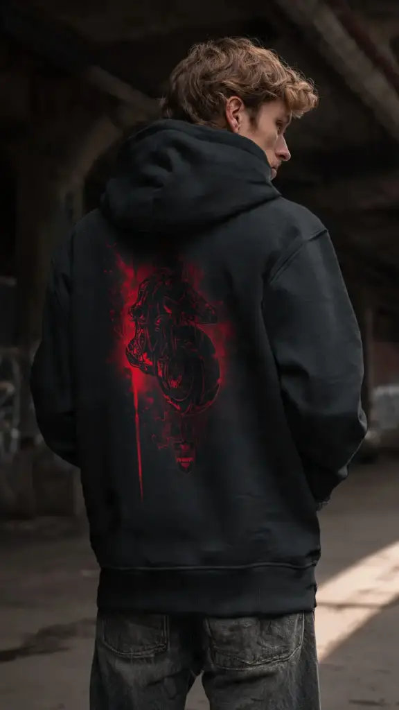 [Tshirt_FS_099051] Black Street Moto Hoodie with Red Neon Rider Graphic (S)