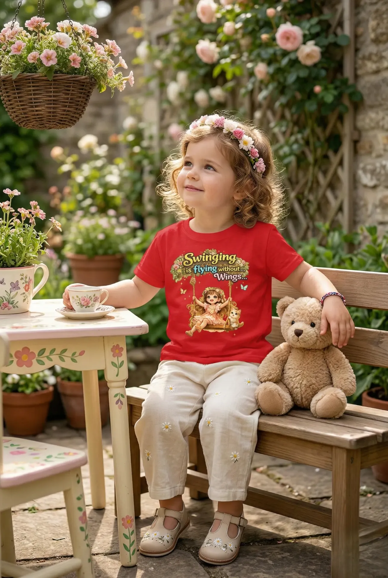 “Swinging is Flying Without Wings” Kids T-Shirt for Girls – Red | Regular Fit | Pure Premium Cotton