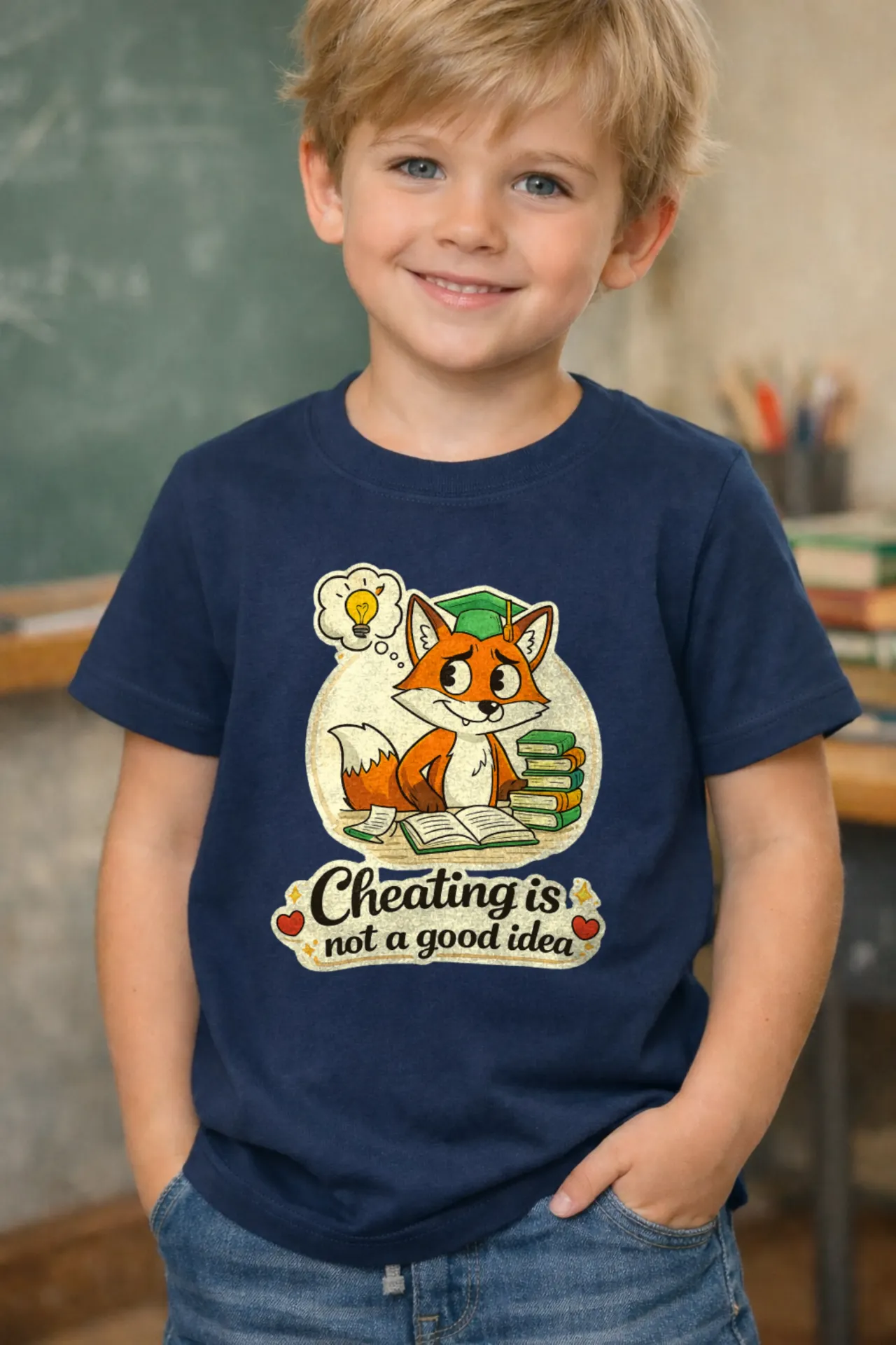 “Cheating is Not a Good Idea” Kids Graphic T-Shirt for Boys – Navy Blue | Regular Fit | Pure Premium Cotton