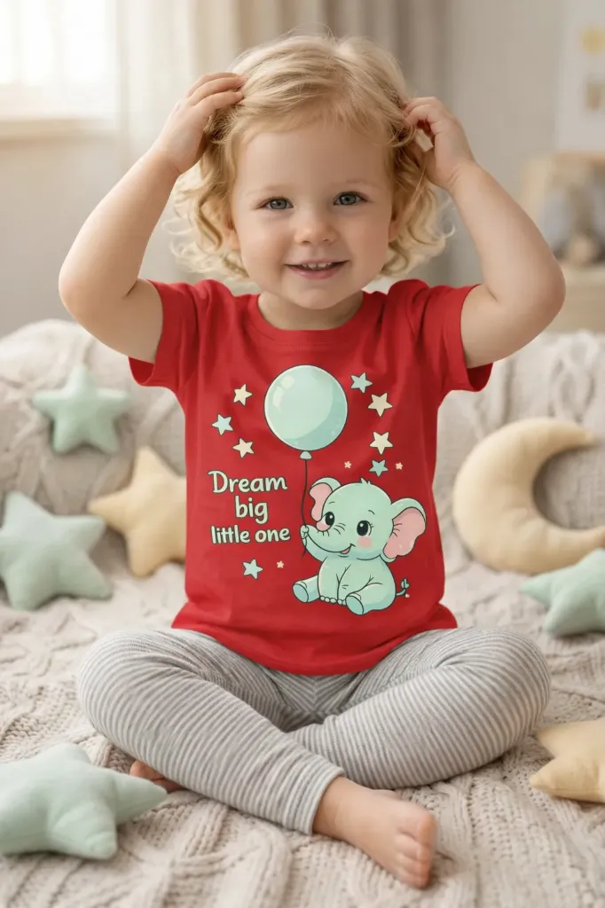 “Dream Big Little One” Cute Elephant Kids T-Shirt for Girls – Red | Regular Fit | Pure Premium Cotton