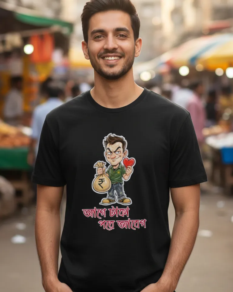 Bengali Funny Quote Graphic T-Shirt – “Age Taka, Pore Abeg” Black Tee