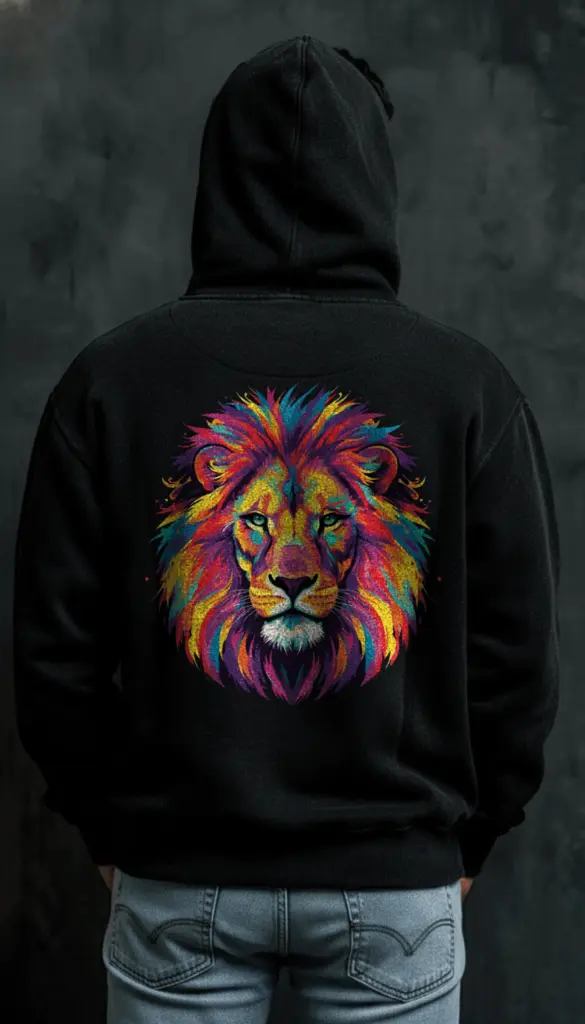 Black Hoodie with Vibrant Multicolor Lion Artwork