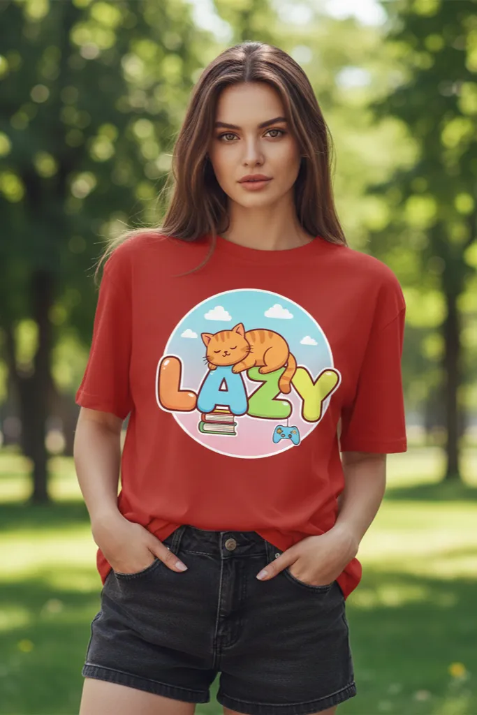 Lazy Cat Red Graphic Oversized T-Shirt for Women
