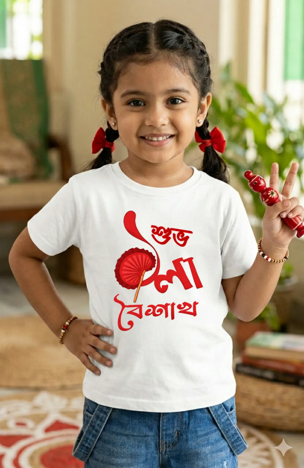 “শুভ পয়লা বৈশাখ” Bengali Typography Kids T-Shirt for Girls – White | Regular Fit | Pure Premium Cotton (2 - 4 Yrs)
